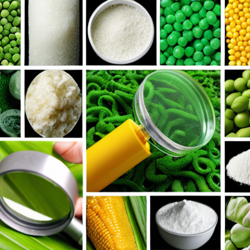 **Green Materials Engineering Concept:** A vibrant collage showcasing recycled materials (metal, plastic), bio-based materials (plant fibers, cornstarch packaging), and biodegradable materials. Include a mechanical engineer inspecting these materials with a magnifying glass. The overall style should be bright, optimistic, and focused on environmental sustainability.