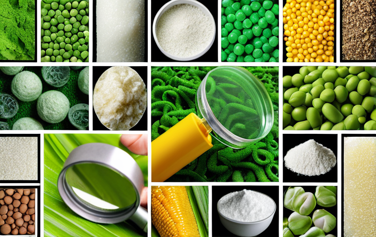 **Green Materials Engineering Concept:** A vibrant collage showcasing recycled materials (metal, plastic), bio-based materials (plant fibers, cornstarch packaging), and biodegradable materials. Include a mechanical engineer inspecting these materials with a magnifying glass. The overall style should be bright, optimistic, and focused on environmental sustainability.
