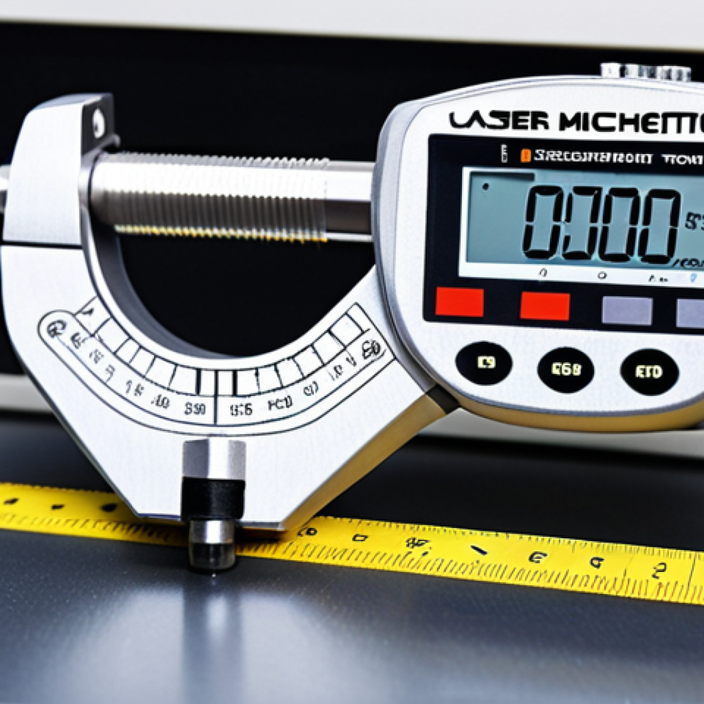 **Close-up of precise measurement tools (digital calipers, laser micrometer) in a mechanical design workshop, emphasizing accuracy and quality control.**