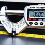 **Close-up of precise measurement tools (digital calipers, laser micrometer) in a mechanical design workshop, emphasizing accuracy and quality control.**