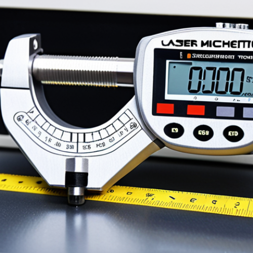 **Close-up of precise measurement tools (digital calipers, laser micrometer) in a mechanical design workshop, emphasizing accuracy and quality control.**