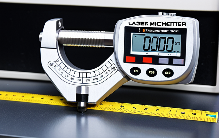 **Close-up of precise measurement tools (digital calipers, laser micrometer) in a mechanical design workshop, emphasizing accuracy and quality control.**