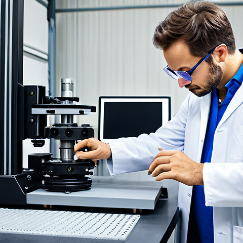 A skilled mechanical engineer in a modern workshop, wearing appropriate safety glasses and a lab coat, fully clothed, examining a complex 3D-printed component, safe for work, professional setting, perfect anatomy, correct proportions, natural pose, well-formed hands, proper finger count, high quality.