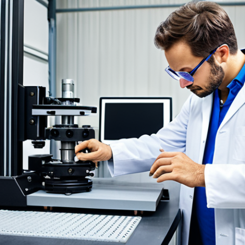 A skilled mechanical engineer in a modern workshop, wearing appropriate safety glasses and a lab coat, fully clothed, examining a complex 3D-printed component, safe for work, professional setting, perfect anatomy, correct proportions, natural pose, well-formed hands, proper finger count, high quality.