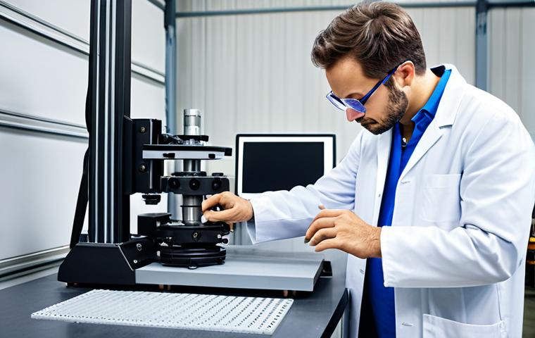 A skilled mechanical engineer in a modern workshop, wearing appropriate safety glasses and a lab coat, fully clothed, examining a complex 3D-printed component, safe for work, professional setting, perfect anatomy, correct proportions, natural pose, well-formed hands, proper finger count, high quality.