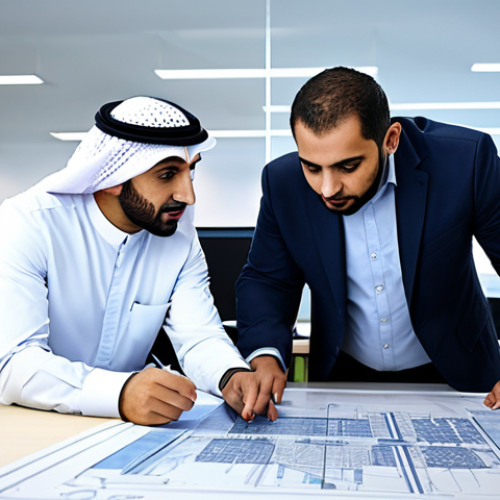 Strategic Planning**

"A group of Arab professionals in a modern office, collaborating on a machine design strategy. They are looking at blueprints and computer screens displaying CAD models. The atmosphere is collaborative and focused. Everyone is fully clothed in modest, professional attire. Appropriate content, safe for work, perfect anatomy, natural proportions, family-friendly, high-resolution, professional photography."

**