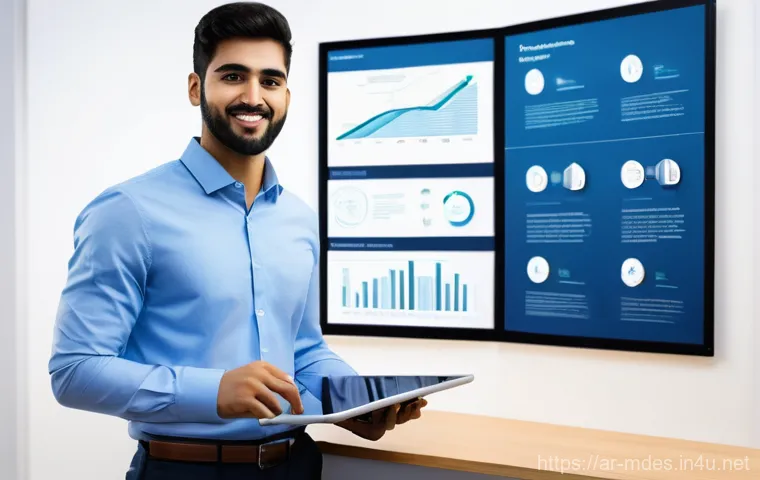 기계설계 기업별 채용 프로세스 - **Prompt 1: Aspiring Engineer's Digital Portfolio Presentation**
    "A young, confident male Arab m...