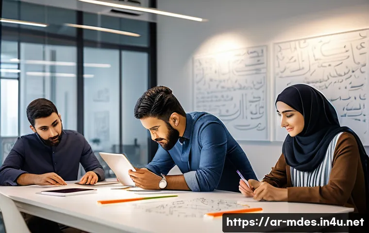 기계설계 아이디어 발상법 - A dynamic brainstorming session in a modern office setting featuring a diverse Arab engineering team...