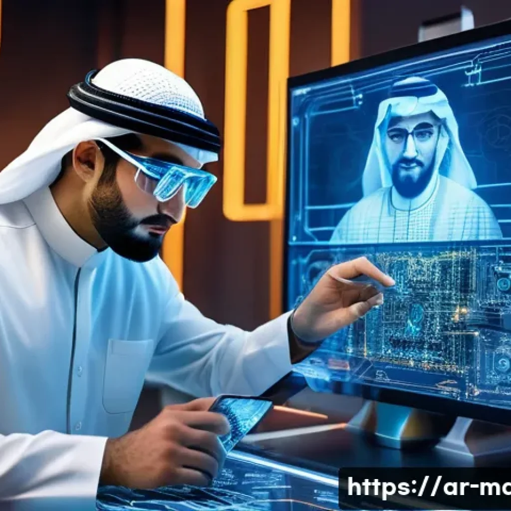 기계설계 인공지능 활용 사례 - A futuristic engineering design studio in a Middle Eastern setting, featuring an Arab male engineer ...