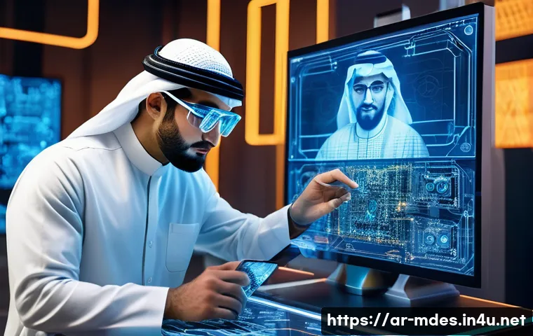 기계설계 인공지능 활용 사례 - A futuristic engineering design studio in a Middle Eastern setting, featuring an Arab male engineer ...