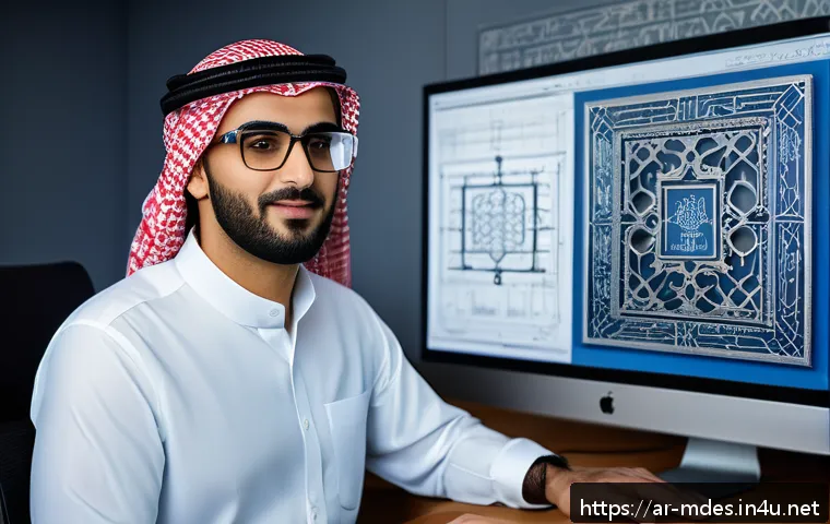 기계설계 자격증 취득 후 커리어 방향 - A professional Arab male mechanical design engineer working in a modern industrial office environmen...