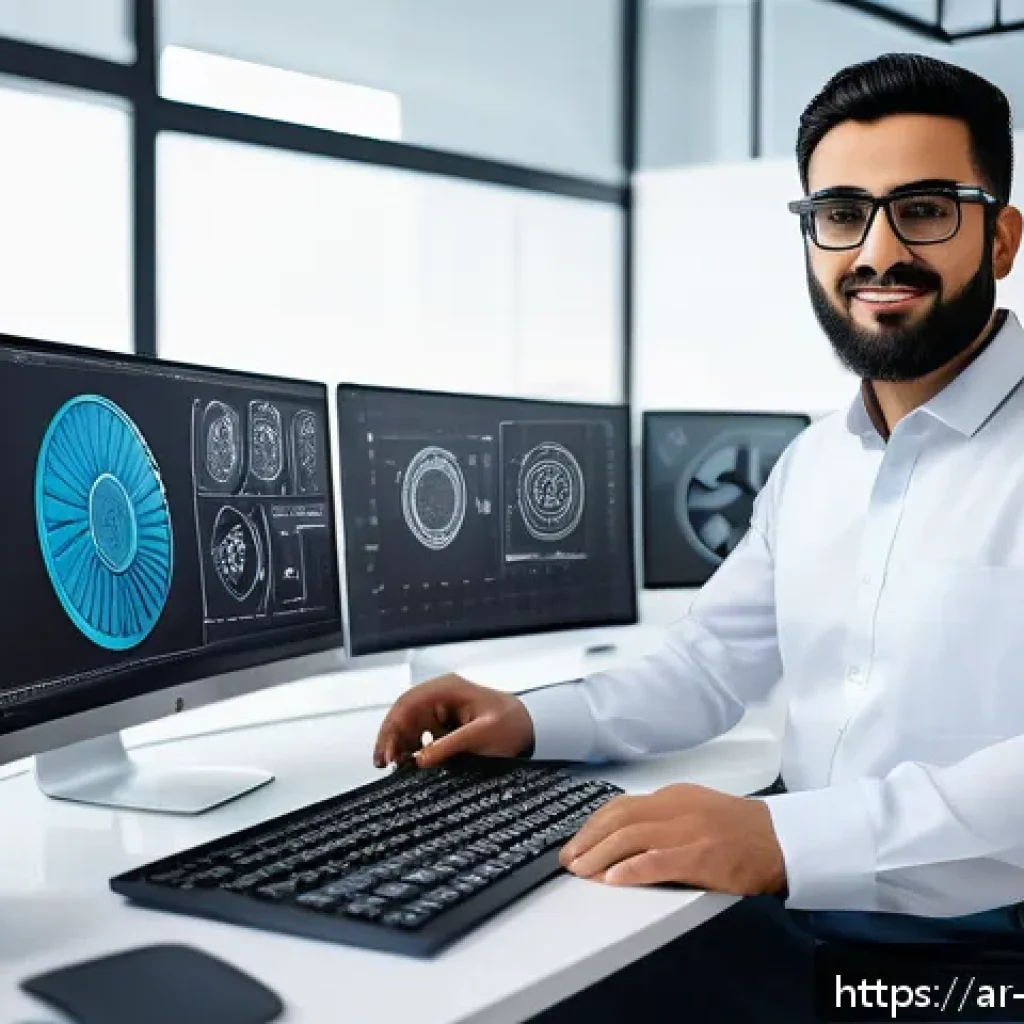 기계설계 프리랜서 성공 사례 - A professional Arab mechanical engineer working in a modern design studio, focused on a high-tech co...