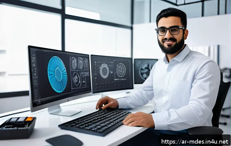 기계설계 프리랜서 성공 사례 - A professional Arab mechanical engineer working in a modern design studio, focused on a high-tech co...