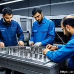 기계설계에서 꼭 알아야 할 재료 특성 - A highly detailed close-up of a mechanical workshop environment featuring engineers examining metall...