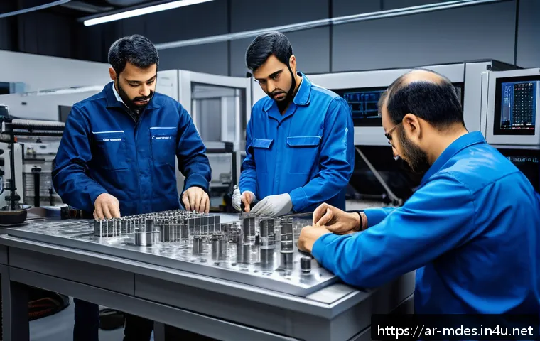 기계설계에서 꼭 알아야 할 재료 특성 - A highly detailed close-up of a mechanical workshop environment featuring engineers examining metall...