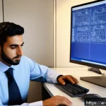 기계설계 해외 취업 전략 - A professional Arab male mechanical engineer in business casual attire working intently on a high-te...