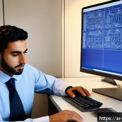 기계설계 해외 취업 전략 - A professional Arab male mechanical engineer in business casual attire working intently on a high-te...