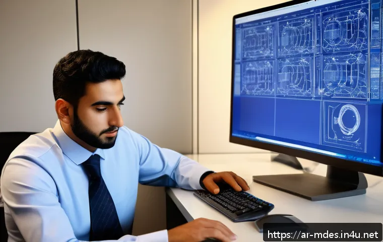 기계설계 해외 취업 전략 - A professional Arab male mechanical engineer in business casual attire working intently on a high-te...