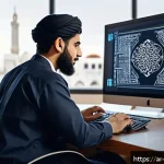기계설계에서 창의성 발휘하는 방법 - A modern industrial machine design workspace featuring an Arab engineer in professional attire using...