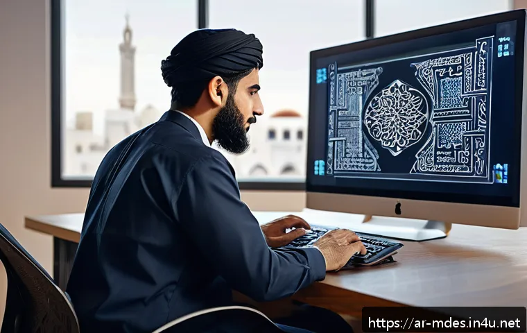 기계설계에서 창의성 발휘하는 방법 - A modern industrial machine design workspace featuring an Arab engineer in professional attire using...